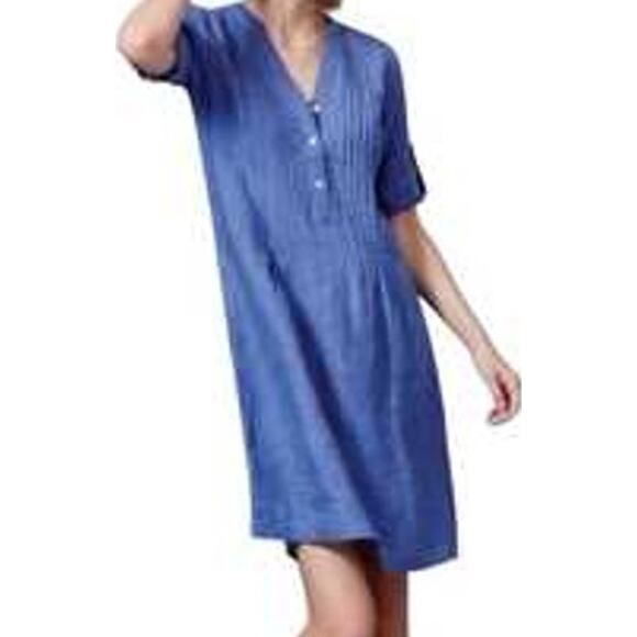 J.McLaughlin Riviera Shirt Dress 100% Linen Roll Tab Button Pintucked Blue XL - Picture 1 of 6